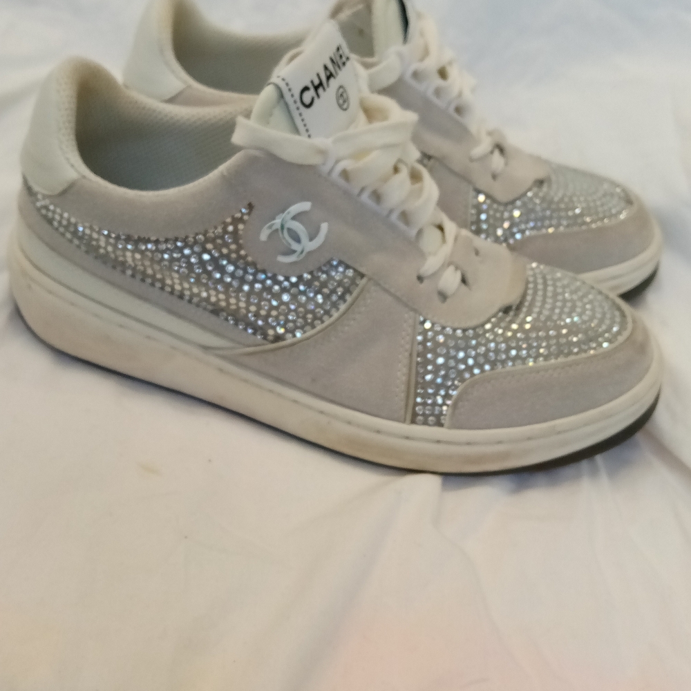 CHANEL White and Silver Crystal Embellished Sneakers